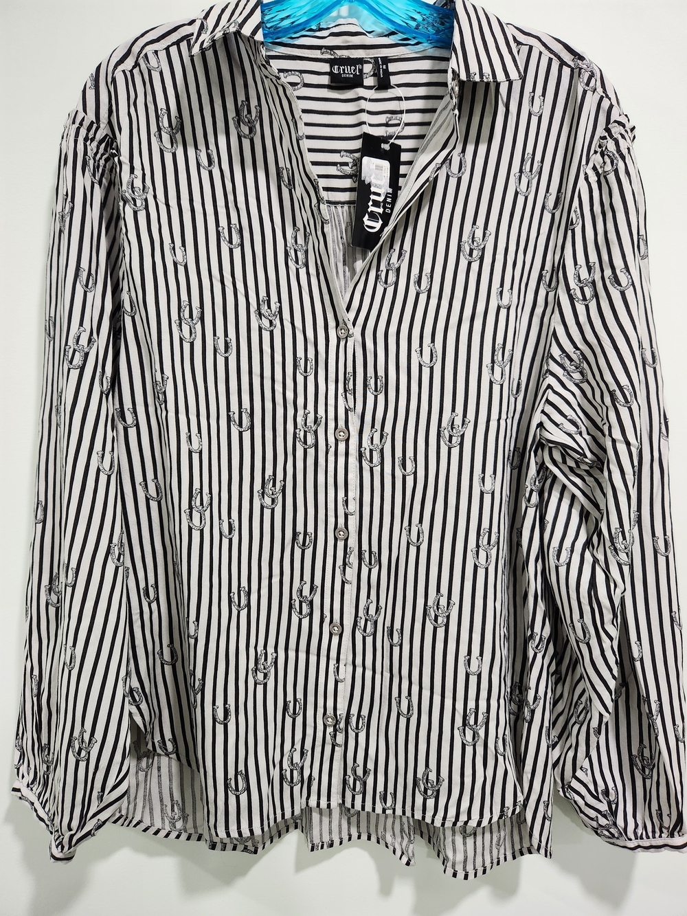 Cruel Womens Black & White Striped Horseshoe Button-Front Blouse